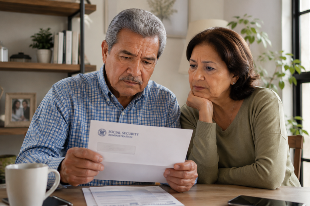Elderly couple sitting at a wooden table, reading a Social Security Administration letter together at home.