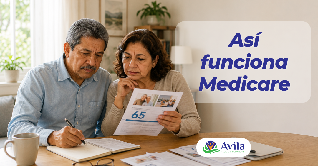 Pareja de la tercera edad revisando documentos sobre Medicare; cartel que dice 'Así funciona Medicare' a la derecha.