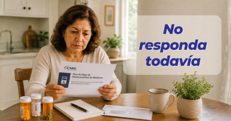 Older woman reads a Medicare plan at a kitchen table, with pills, a notebook, a mug, and a plant nearby; overlay reads 'No responda todavía'.
