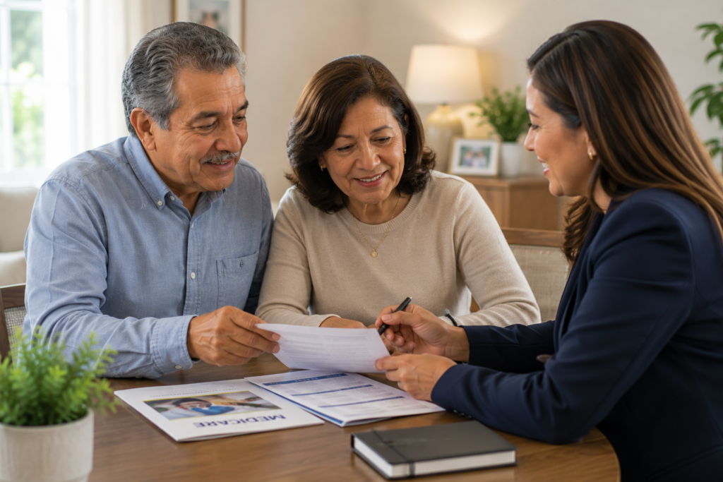 Older couple and a female advisor review mortgage documents together at a wooden table in a bright room.